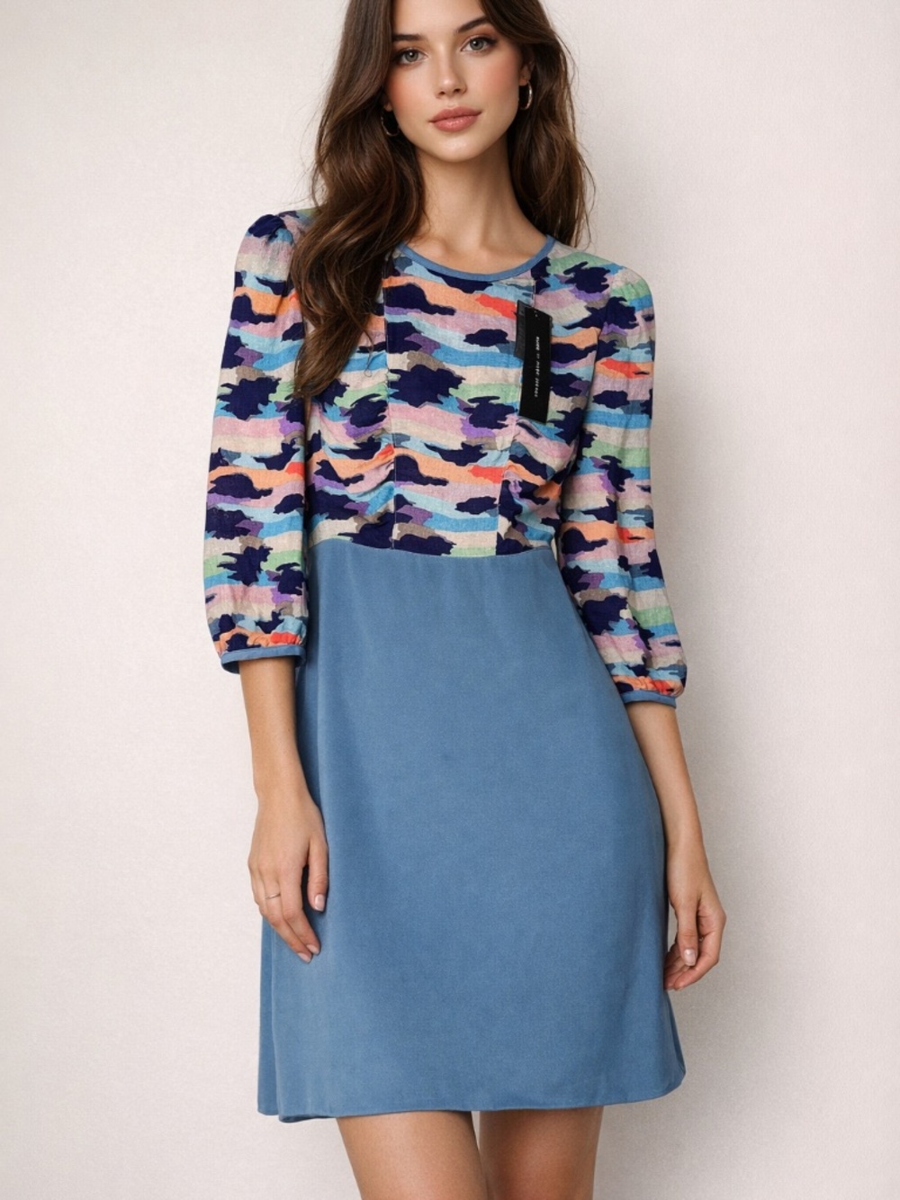 NWT Marc by Marc Jacobs 100% Silk Blue Abstract Print Dress Long Sleeve size 10